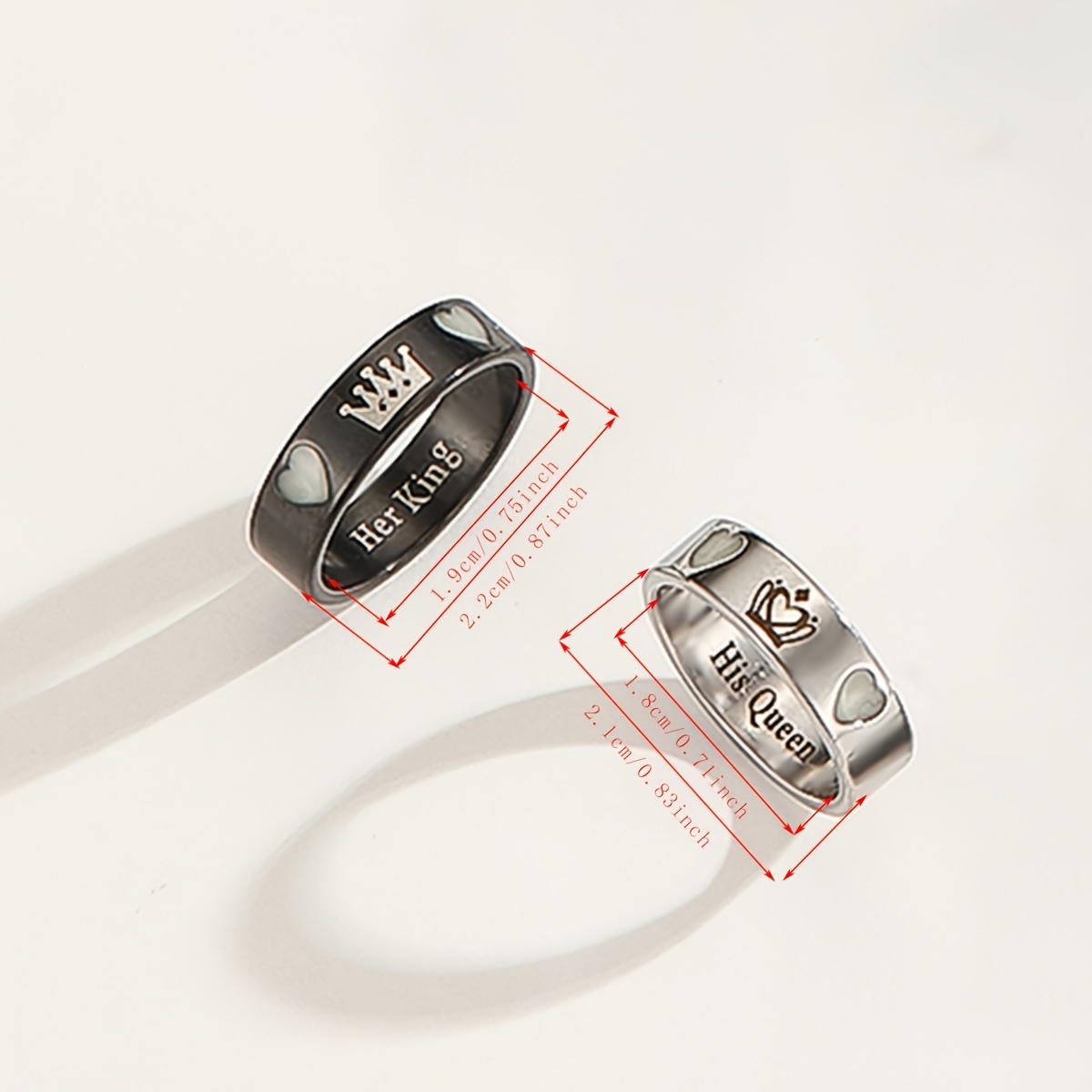 2pcs Luminous Heart "Her King His Queen" Couple Rings